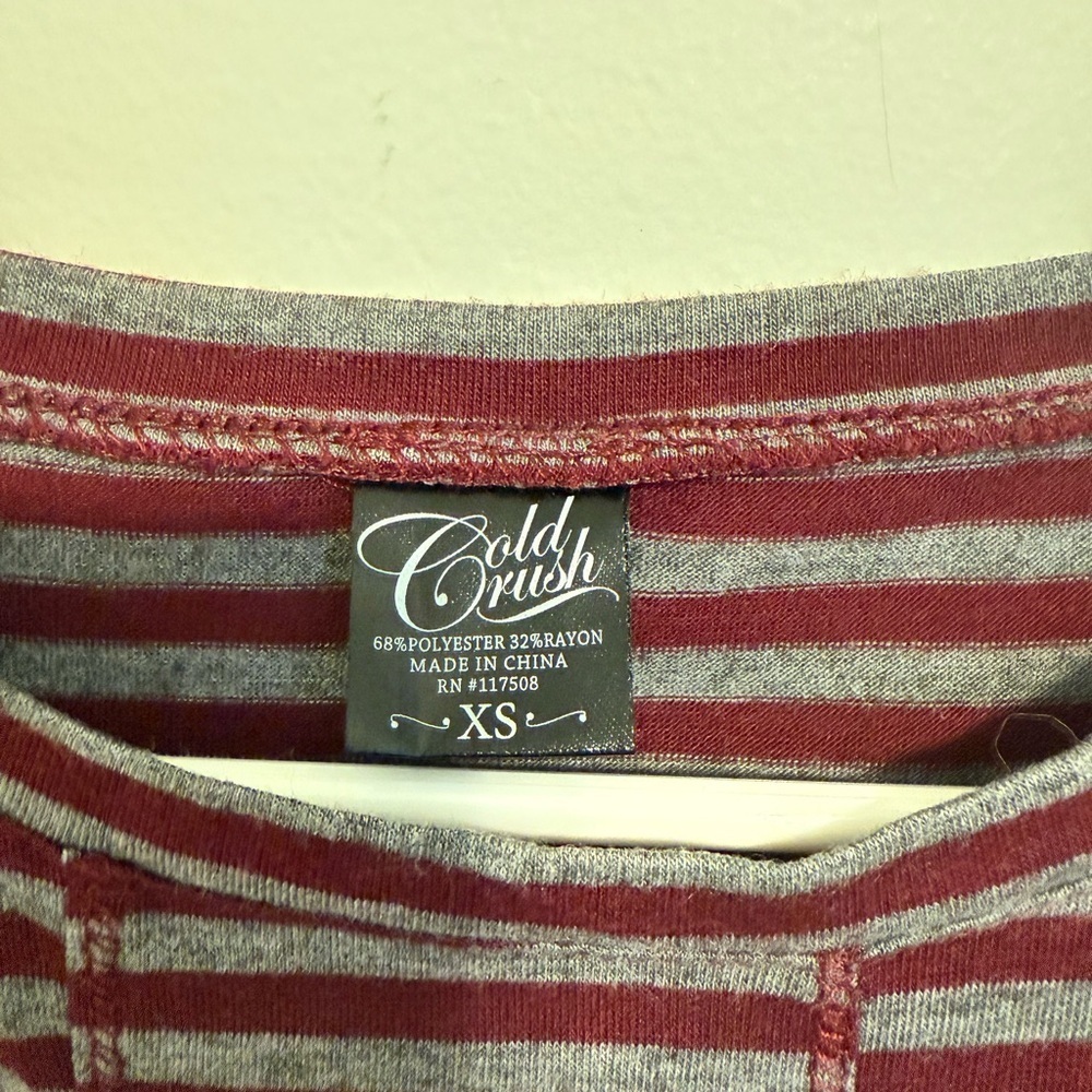 2/$15 Cold Crush - Burgundy & Gray Striped Short Sleeve Top – XS - Picture 5 of 6